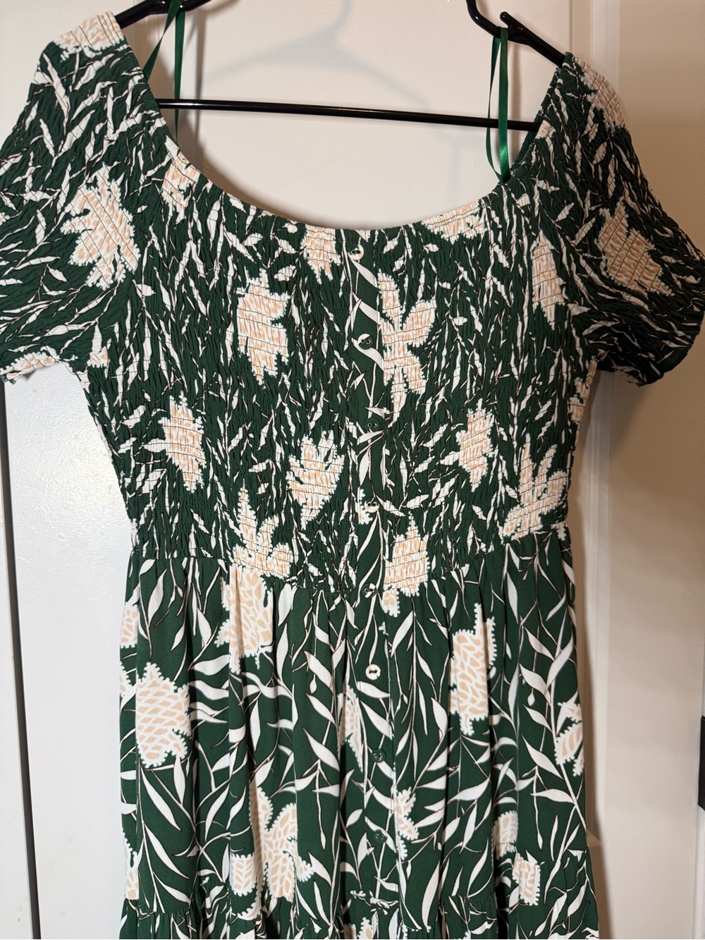 Baltic Born | Becca Smocked Maxi Dress | Off-Shoulder Green Floral | Size XL - Picture 3 of 9